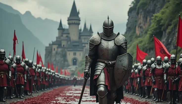 A large, tall knight in full, worn medieval armor stands in front of a large group of soldiers. The knight is wearing a helmet with a visor and a shield with intricate designs. He is holding a sword and appears to be ready for battle, as he is walking over...