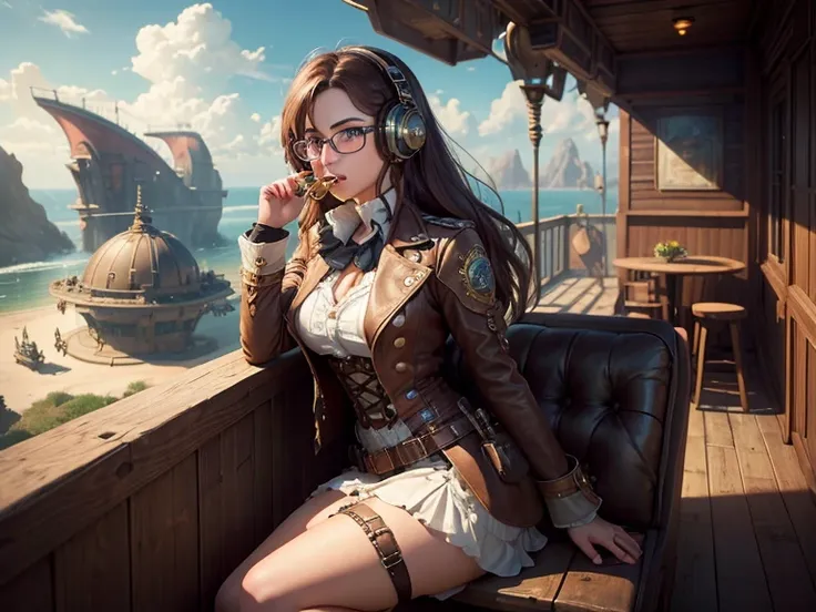 steampunk girl,(( high quality :1.4))、( the ultimate masterpiece of all time )、(Ultra High Definition)、(сверхреалистичные 8k cg)、( photorealistic :1.4)、raw photography、  dynamic pose , steampunk fashion on head leather flight headset with glasses Steampunk...