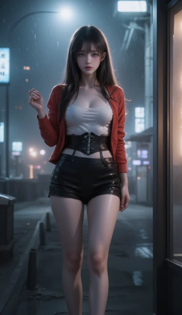 In an 8k masterpiece, a highly detailed and realistic scene unfolds in a cloudy city. A girl with long black hair and black eyes stands at a bus stop, drenched in torrential rain. She’s wearing a red hooded jacket, a white blouse, a black short skirt, and ...