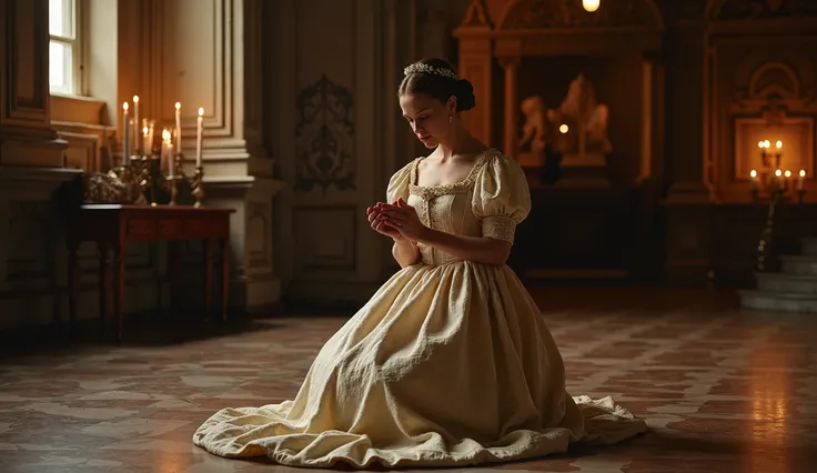 "Elizabeth I kneeling in prayer within a royal chapel, her gown flowing around her. The subtle details of her neckline catch the candlelight, emphasizing her serene yet captivating presence in the sacred space."