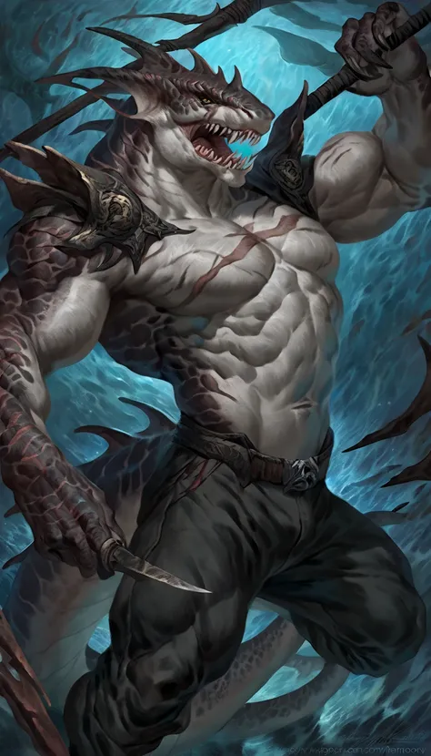 Muscular anthro shark, solo, monster, strong, scars on body, 1male solo, demonic armor, symbiote, muscular, small waist, thick tail, thick scales on the shoulders, marked detailed jaws, open jaws big pecs, pants, full body, comicbook style, best quality, 4...