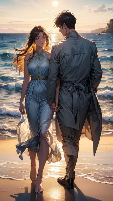 (masterpiece, Best Quality, ultra-detailed, high resolution, extremely detailed CG, official art, Professional Lighting), Scenic sunset over a tranquil seaside with golden light spreading across the calm waves, a couple walking hand-in-hand along the shore...