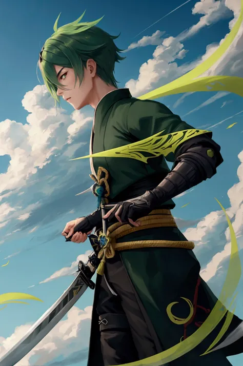 Genshin Inpact ninja sword with details of clouds and green plants