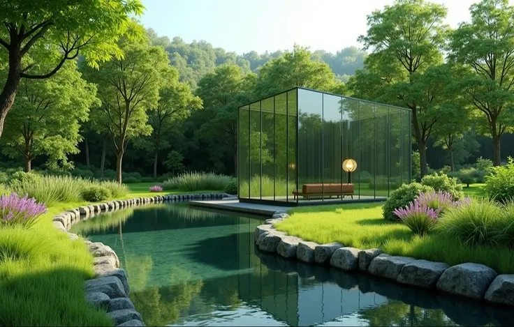 Create a serene landscape of a modern glass cube house where the glass reflects the surrounding environment completely, without any visibility of the buildings interior. The reflections should seamlessly integrate with the natural surroundings, creating an...