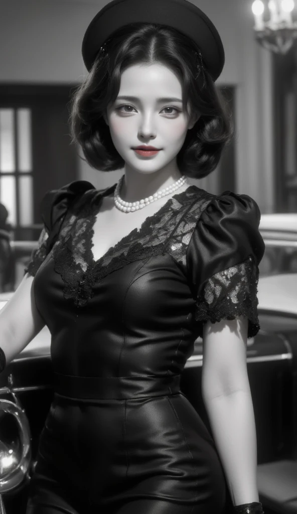 In the 1940s, a woman exudes classic beauty and elegance. Her hairstyle is a timeless piece of art, adorned with a vintage hat and complemented by a sophisticated pearl necklace. Her attire, a black satin dress with a tailored silhouette, speaks of the era...