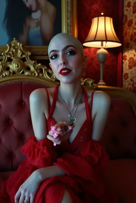 (((pale skin completely bald woman))). (((Holding unattached long strands of dark cut hair in her left hand))). In bedroom with evil seductive sexy vibe. (((completely bald head))). (((Looking at viewer))). (((Holding a "Wahl" hair clipper with her right h...