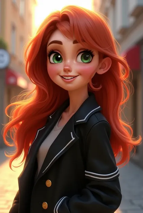  A girl with reddish hair smiling at the camera, She only appears from the waist up . Shes wearing a black coat with white touches .  her eyes are dark green . The image is Pixar style .