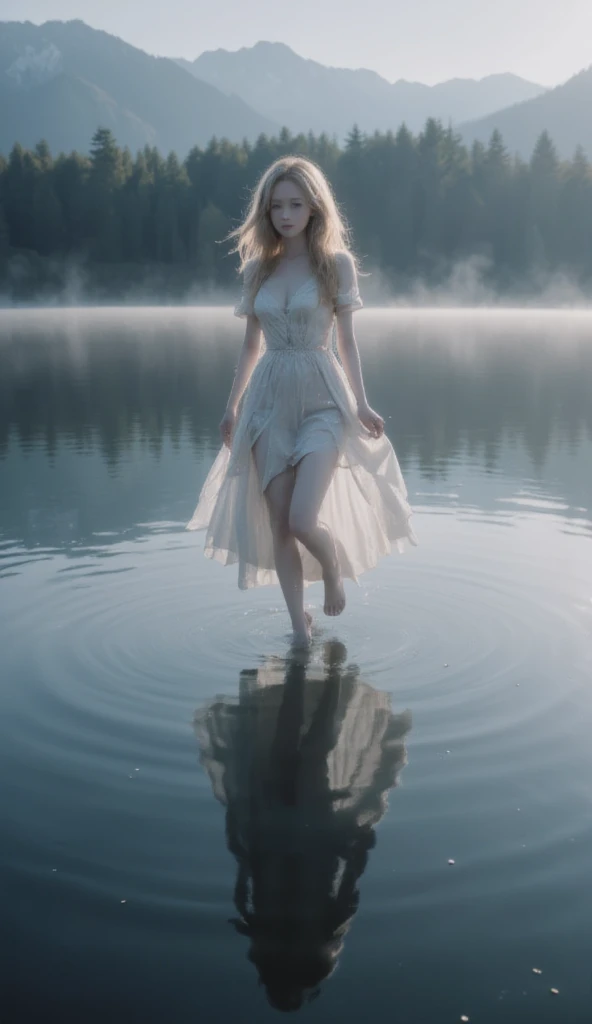 In this realistic depiction of a tranquil lake scene, the early morning mist creates a serene and mysterious atmosphere. The focus is on a young blonde woman in a white dress, effortlessly floating on the lakes surface. Her beauty and the calmness of the l...