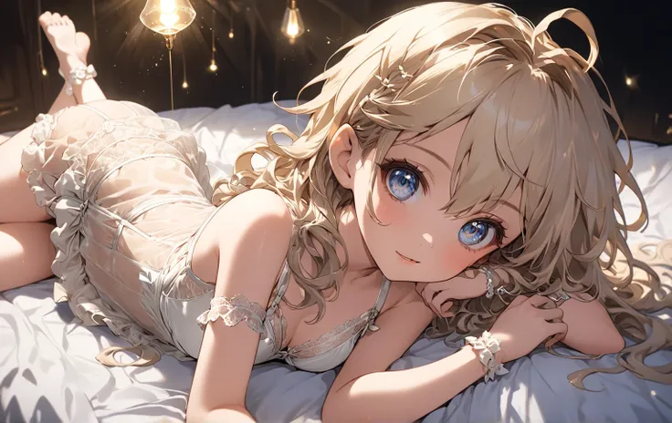 Girl Loli Tera Eli , lying on the bed , cream-colored lingerie , anime art hot look,flirty pose, detailed lighting , porcelain wrist,radiant skin