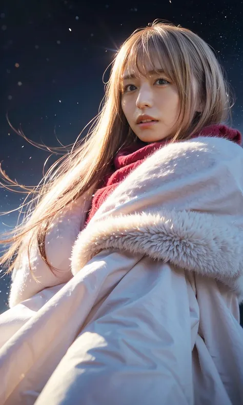 (   staring at something、Diamond dust flutters、クリーム色のhair、Heavy snowfall area、Snow is falling、 blue eyes、 blue eyes、white winter clothes 、Admire the night sky in a frigid region、Im wearing a fluffy red scarf、Her breath is white expression 、A woman looking ...