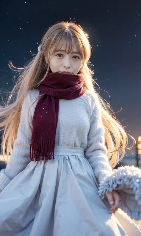 (   staring at something、Diamond dust flutters、クリーム色のhair、Heavy snowfall area、Snow is falling、 blue eyes、 blue eyes、white winter clothes 、Admire the night sky in a frigid region、Im wearing a fluffy red scarf、Her breath is white expression 、A woman looking ...