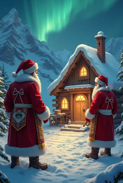 Create an image of Masons wearing their aprons ,  dressed as Santa Claus and building Santas toy factory at the North Pole.