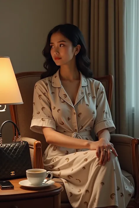 a beautiful Indonesian girl of slightly large stature sitting on a chair there is a table with a cup of coffee and a chanel brand bag and a hp i phone and a sleeping lamp a girl wearing a crescent motif pajama dress of sharp potro quality