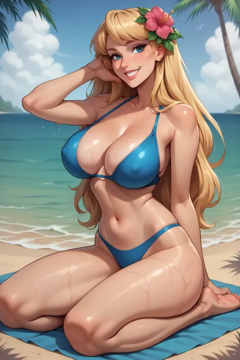 Image of Princess Aurora , long blond hair,  Blue Eyes,Sensual, smile, long hair,  Big breasts , beautiful legs,flower in hair,   thick thighs ,micro blue bikini ,  smile,Alone.funny pose .  perfect anatomy .wet,on the deserted beach, summer.full legs.
