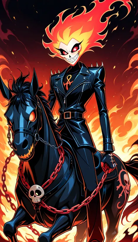  best quality, a ghost rider,1boy, Black jacket, leather jacket, fire face skull, ghost rider, fire Skeleton, fire eyes, riding a Black demoniac Black horse Skeleton, holding chain, hazbin hotel style,