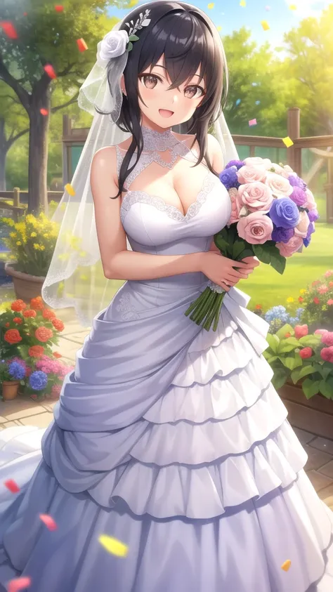 masterpiece, best quality, girl, solo, looking at viewer, rio_seirei_gensouki, black hair, brown eyes, large breasts, wedding Dress, standing, garden, confetti, holding bouquet, smile, open mouth,