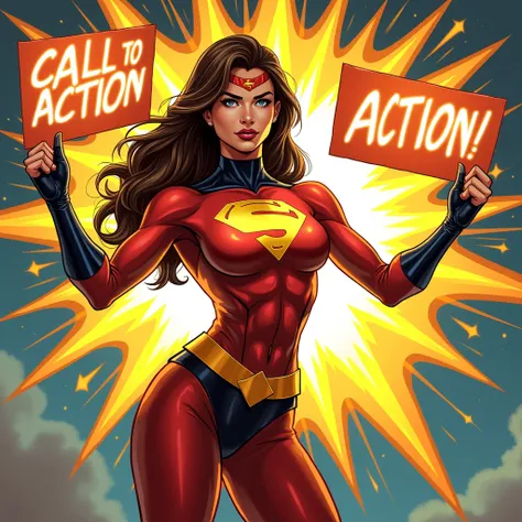 comic book art woman holding a glowing “Call to Action” sign with arrows pointing.