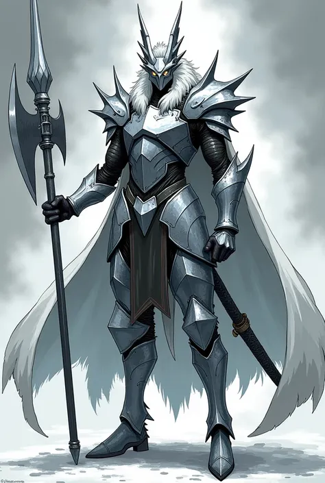 Create a full-body manga-style character in a heroic pose, facing forward. The character wears draconic silver armor, streamlined and less bulky than traditional heavy armor, but still with sharp, angular edges and spiked details. The armor should resemble...