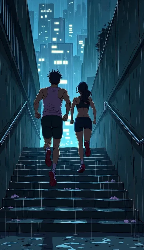 A steep staircase in an urban environment at night, with steps wet from rain. A man and woman in intense workout gear are running upstairs, sweaty and focused. In the background, an illuminated city reflects the lights in the puddles of water. "Ghibli-styl...