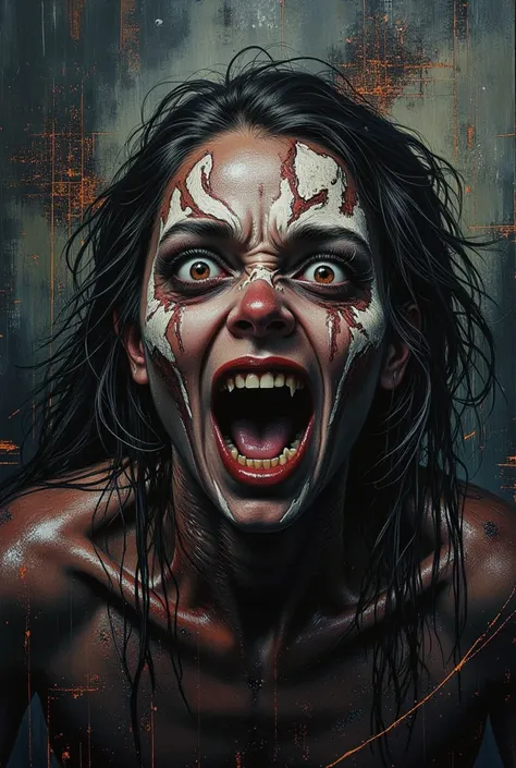 Solo painting, paint, warpaint, skull, bones, death, rage, anger, determined face, Beserk, manga, intricate details, highly detailed, by greg, dirty, internet horror_Eldrich_abomination, body horror, noise in the photo Warhammer 40k, 90s anime, evil grin, ...