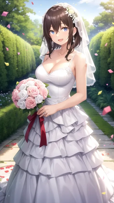 masterpiece, best quality, high quality, girl, solo, looking at viewer, fumiya_tomozaki, brown hair, hair between eyes, large breasts, wedding Dress, standing, garden, confetti, holding bouquet, smile, open mouth,