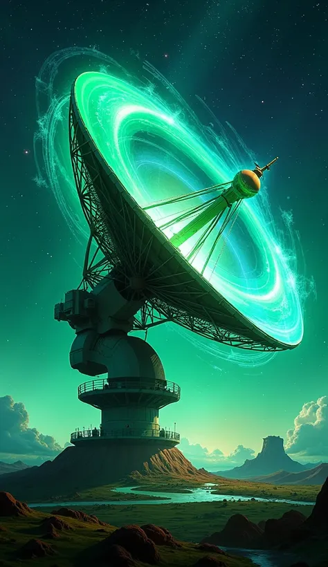  sign An artistic recreation of the famous Wow Signal !,  with a radio telescope at the center capturing an intense wave of energy coming from deep space, with green and blue lights highlighting the ."
