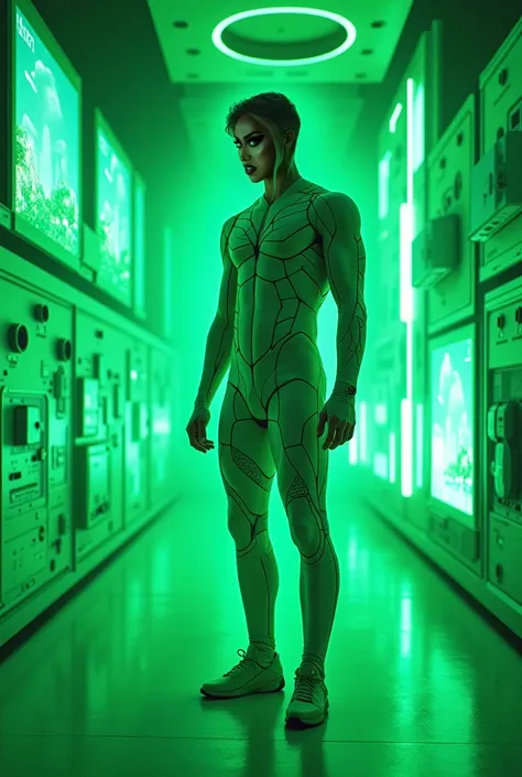  central male figure wearing a futuristic and geometric costume in green and white ,  surrounded by a technological and cyber-themed background in bright green tones, with screens and detailed holographic elements .  Science fiction environment with a futu...