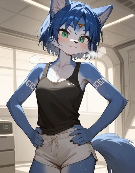 score_9,score_8_up,score_7_up, source_furry, Krystal from starfox, green eyes, short blue hair, wearing black tank top, black short shorts, Hands on hips, in a white space station, indoors, smiling out of breath, sweating