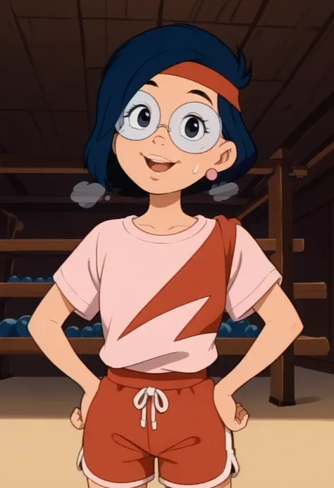 annie, 1girl, solo, short hair, blue hair, black eyes, headband, glasses, earrings, gym white t-shirt, red gym shorts, pink shoes, standing, black eyebrows, half body, smile, looking at viewer, hands on hips, sweating, out of breath, open mouth