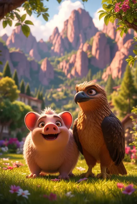 

"A natural and surprising scene ,  with a fluffy pink coat lying calmly next to a majestic eagle.  The pig has a friendly and relaxed expression ,  with their sturdy body and small visible short legs . The eagle,  with brown and gold feathers , is standi...