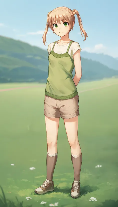 IbarazakiEmi, full body, female, solo, twintails, yellow hair bobbles,EmiCasual, green camisole, white t-shirt, brown cargo shorts,
standing, outside, landscape, grass, blurred background, looking at viewer, closed smile, (RngBlds:0.82), DblAmpt, prosthesi...