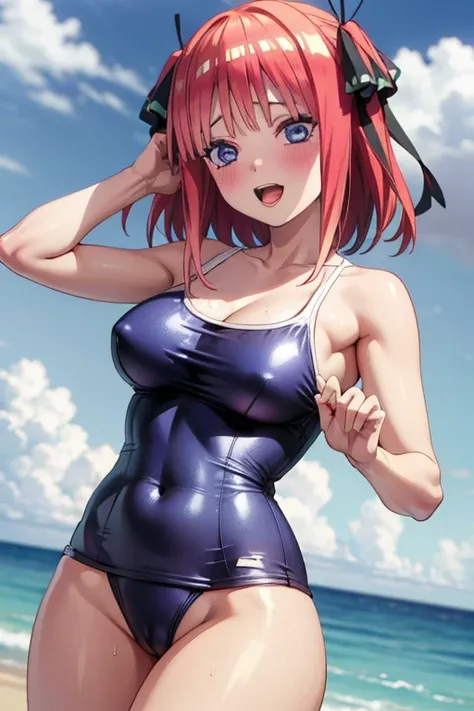 best quality, masterpiece,1 female, large breasts, blush, cheerful eyes, one-piece swimsuit, old school swimsuit, shameless pose, nino nakano, pussy, Perfect fingers