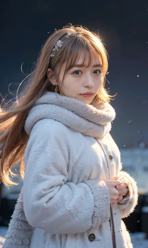 (   staring at something、Diamond dust flutters、クリーム色のhair、Heavy snowfall area、Snow is falling、 blue eyes、 blue eyes、white winter clothes 、Admire the night sky in a frigid region、Im wearing a fluffy red scarf、Her breath is white expression 、A woman looking ...