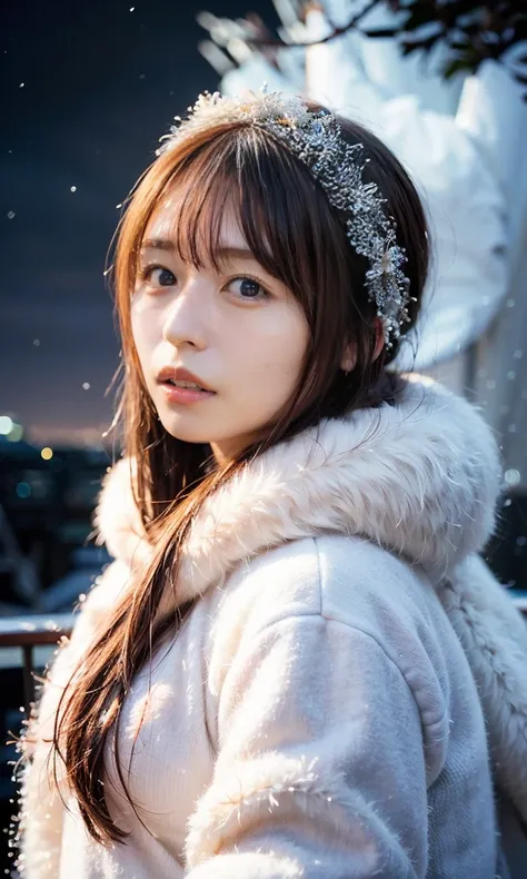 (   staring at something、Diamond dust flutters、クリーム色のhair、Heavy snowfall area、Snow is falling、 blue eyes、 blue eyes、white winter clothes 、Admire the night sky in a frigid region、Im wearing a fluffy red scarf、Her breath is white expression 、A woman looking ...