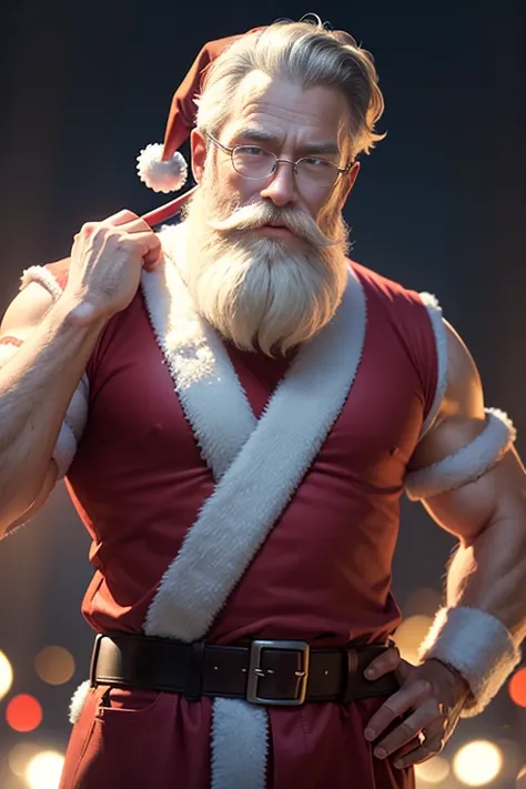 Santa Claus, beardless, from the waist up, on a Christmas, nighttime background