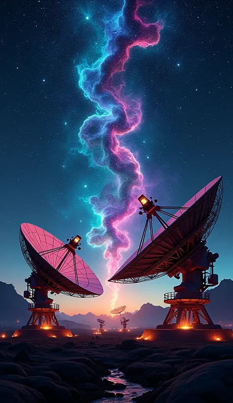  Giant radio telescopes under a starry night sky , pointed out into space ,  capturing pulses of energy that appear as surrounding colored waves