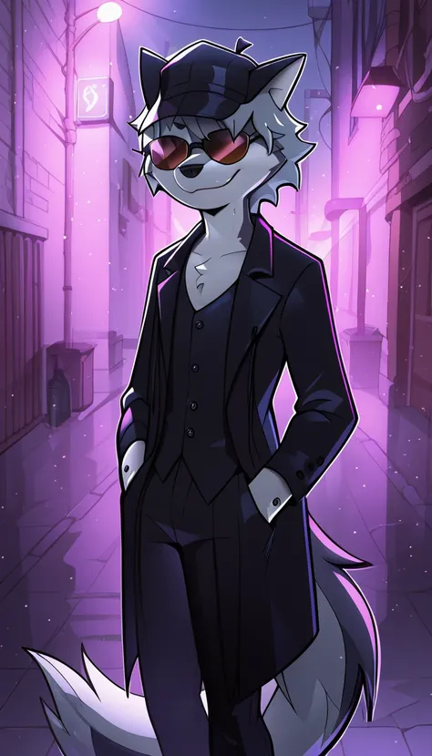 masterpiece, best quality, seductive expression, 1boy, anthro, furry, fur, fluffy fur, wolf boy, furry, wolf ears, animal nose, black sunglasses, wolf tail, gray hair, short hair, (messy hair), solo, (alley), night, fog, detailed, (black hat, black coat, b...