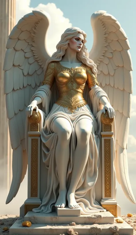 **"A hyper-realistic sculpture of an angelic goddess carved in polished white marble, adorned with golden ornaments. Her wings are enormous, widely spread, and meticulously detailed, with feathers arranged in perfect layers, one over the other, exhibiting ...