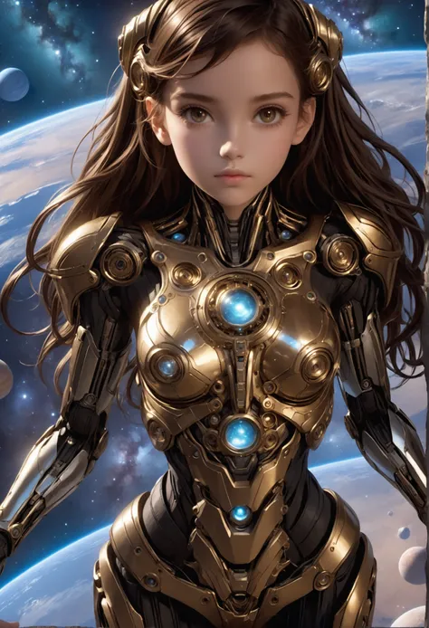  beautiful 18-year-old girl  (half naked), delgado, Long brown hair, with futuristic armor (Meca)   what your environment  ) ,   points to your body   (Very unique  ) (  details of your body  )    with an open chest and a neckline up to the genital area  ,...