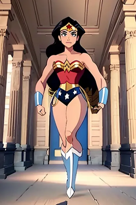  Wonder Woman ,  from the front  ,  looking at the spectator  , standing ,  upper half of the body  ,  in a large empty room with white walls 