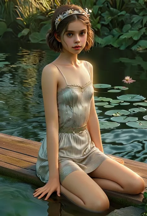 , a cinematic photo ,Hip-length photo ,skinny, beautiful girl,  very young, angled shoulders  ,complicated hairstyle ,  highly detailed texture  кожи,  sitting on the bridge over the pond ,  Realistic texture  кожи,  looks right at the camera ,  engine loo...