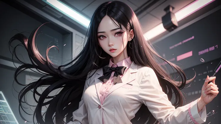 A manhwa young woman, dark eyes, black hair, pale skin, pink lips, ulzzang. She is wearing formal clothes and a lab coat. She has a serious and confident expression, and is looking at the viewer. The scene in the background is a scientific laboratory.