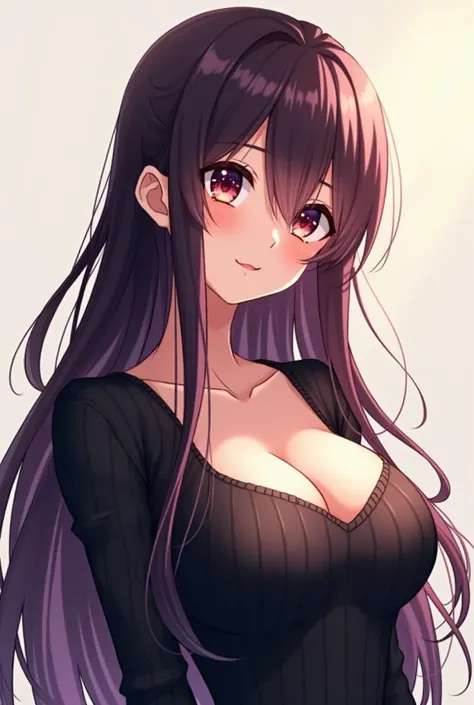 As an anime girl with big breasts and a dark colored sweater 