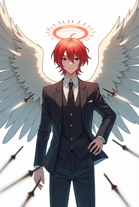  Create an image of an 18-year-old ,  with medium size red hair .  He wears a black suit with a formal outfit .  This young man has an angels halo over his head and two white but slightly dark wings, with slightly fair skin , and several swords flying arou...