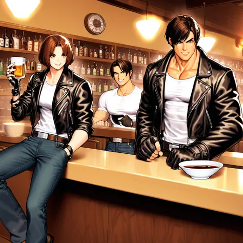 1 woman, breasts, looking at me, smiling, short hair, bangs, brown hair, shirt, black hair, gloves, brown eyes, jacket, white shirt, multiple boys, black gloves, belt, pants, indoors, 2 girls, fingerless gloves, cup, black jacket, muscular, bowl, black pan...