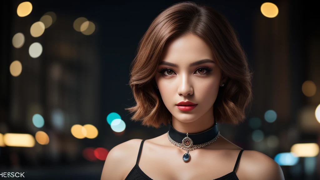 tmasterpiece,best qualtiy,hdr, hyper HD, 8K,Bokeh,Ultra-fine painting,Sharp focus,Physically-based rendering,Extreme detail description,portraitures,half-body photo，looking at viewer, choker, dark eyeshadow:1.3, (light red lips:0.9), (EOS R8, 50 millimeter...