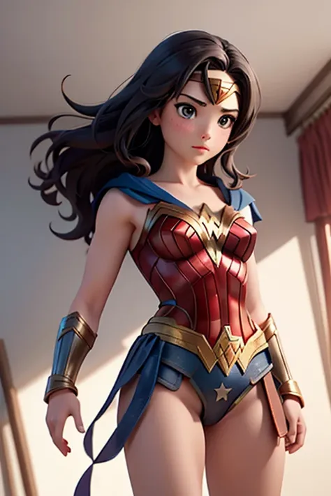  Wonder Woman , Extremely short costume ,  from the front  ,  looking at the spectator  , standing ,  upper half of the body  ,  in a large empty room with white walls 