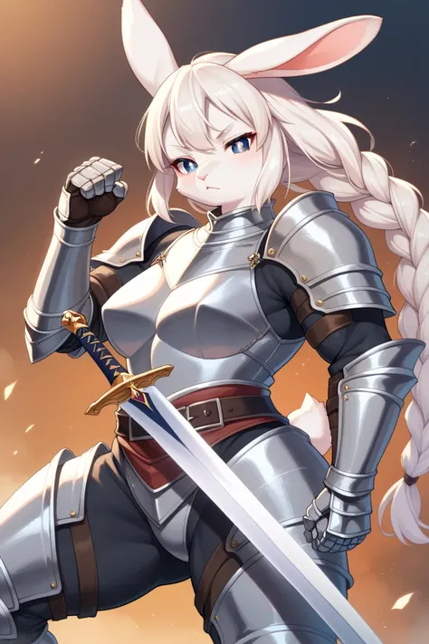 score_9, score_8_up) score_7_up, score_6_up, solo, rabbit, kemono, muscular female, anthro, cute, hair braid, white pupils, lidded eyes, eyeliner, action pose, knight, spiked armor, big sword, serious,