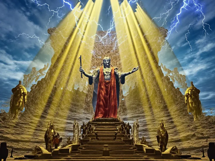 Imagine Zeus standing atop a golden rock in an imposing posture, golden columns stretching to the clouds, reflecting the radiance of his divine authority. He is a man of majestic appearance, with long, snow-white hair and beard that flutter gently in the h...