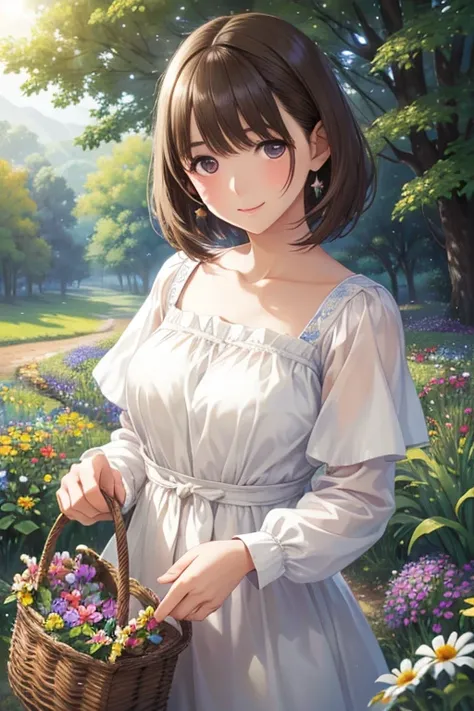 my grandmother、 Shiny Chestnut Hair ,  short haired , ( brown pretty eyes、 Sparkling Eyes , Fine grain)、smile、 super detailedな目、 very detailed faces ,  extremely detailed eyes, Cowboy Shots、



girl in a   colorful   Field of flower, wearing a flowing   dr...